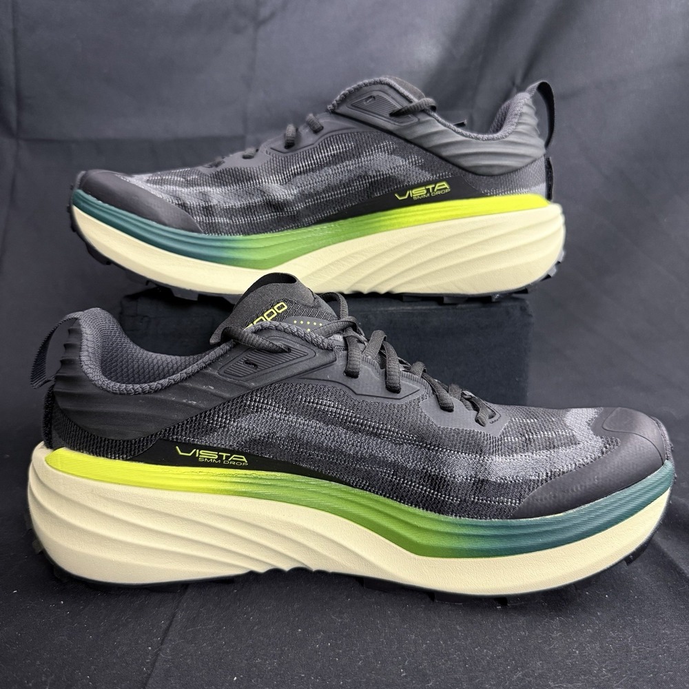 Topo Vista Mens Size 9 Black Lime Trail Running Hiking Shoes 5mm Drop Vibram - Picture 2 of 7